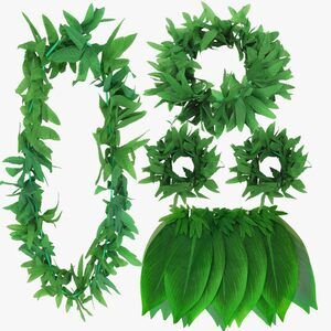 6897 Green Leaf Skirt Hawaiian Hula Grass Skirt with Flower Leis